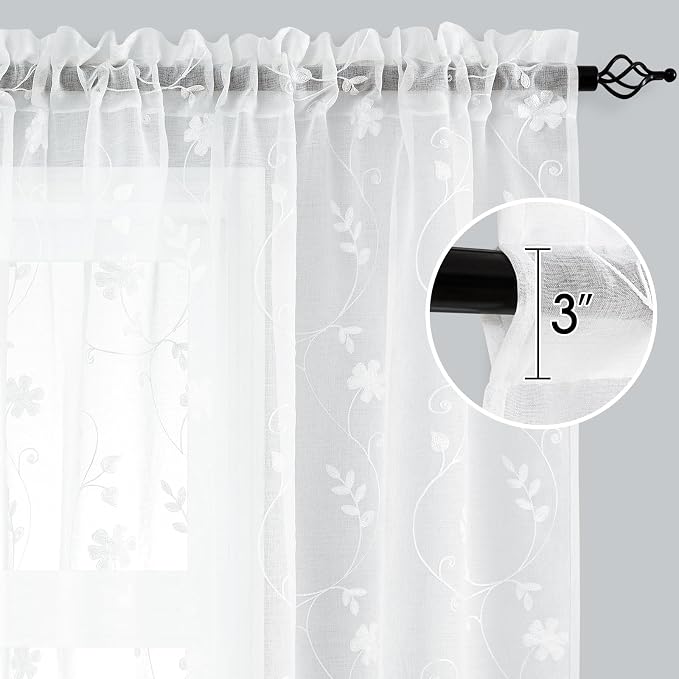 HOMEIDEAS White Sheer Curtains 63 Inch Length 2 Panels White Embroidered Floral - Image 8