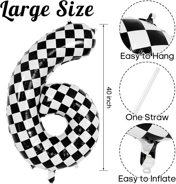 Checkered Number 6 Balloon 40 Inch, Large Foil Black and White Number Balloons - Image 3