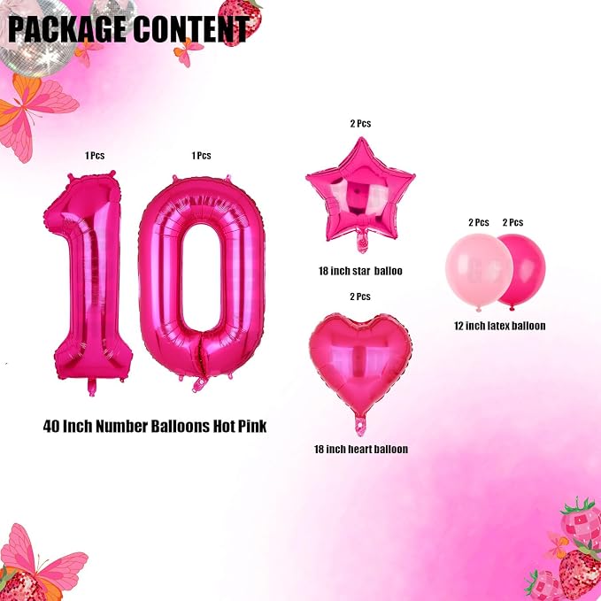 40 Inch Number Balloon Hot Pink 10 Set Pink Theme 10th Birthday Decor 10Pcs | - Image 2