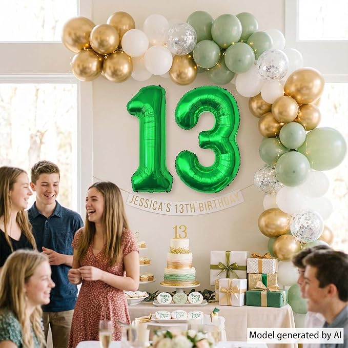 Green Number 13 Balloon 40 Inch, Vibrant Foil Duo - Image 2