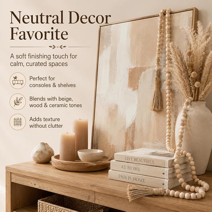 58in Wood Bead Garland Tassels, Farmhouse Tiered Tray Decor | Natural wood beads - Image 7