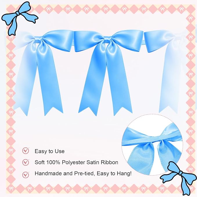 1 String of 8PCS Blue Bow Garland Banner Decoration, Pre-Strung Satin Ribbon - Image 3