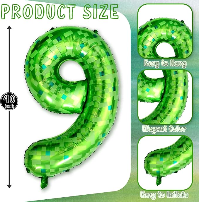 40 Inch Lime Green Pixel Number 19 Balloon, Final Teen Gamer Bday Decor | 40" - Image 3