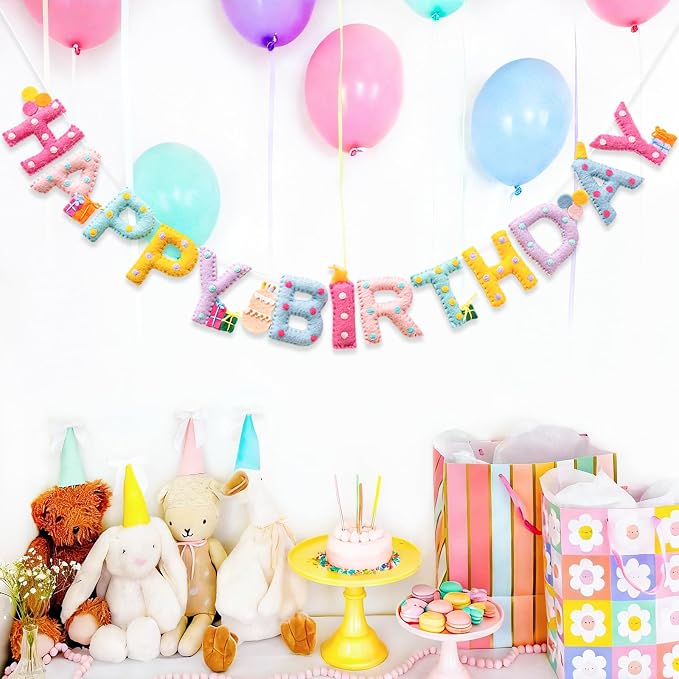 Unique Pre-Strung Handmade Wool Felt Pastel Happy Birthday Banner Garland | 3D - Image 2