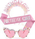 Atoden Birthday Girl Sash Glitter Headband Tiara Crown Sunglasses Pink Happy by Atoden