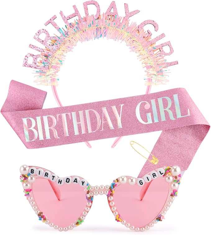 Atoden Birthday Girl Sash Glitter Headband Tiara Crown Sunglasses Pink Happy by Atoden