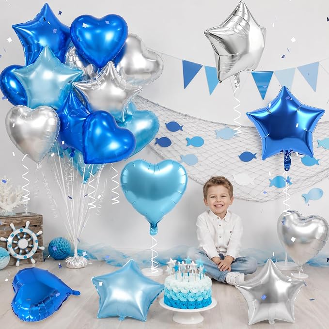 TONIFUL 18 Inch Blue & Silver Star and Heart Foil Balloons - Image 3