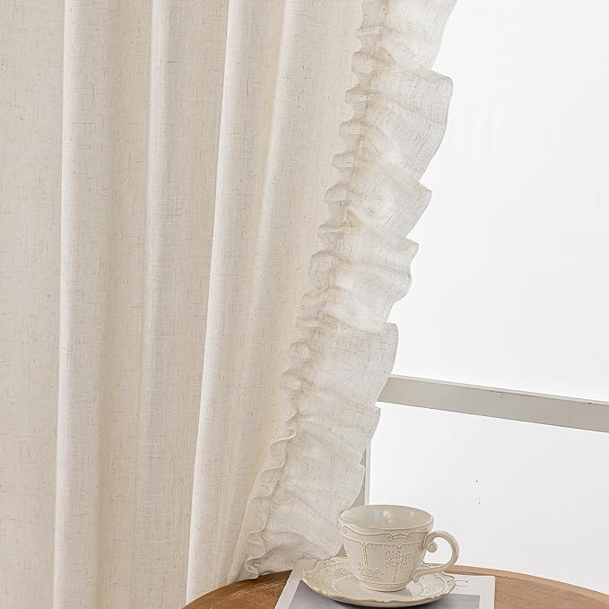 Natural Linen Curtains with Ruffled Edges Farmhouse 58 x 108 Inch 2 Panels | - Image 3