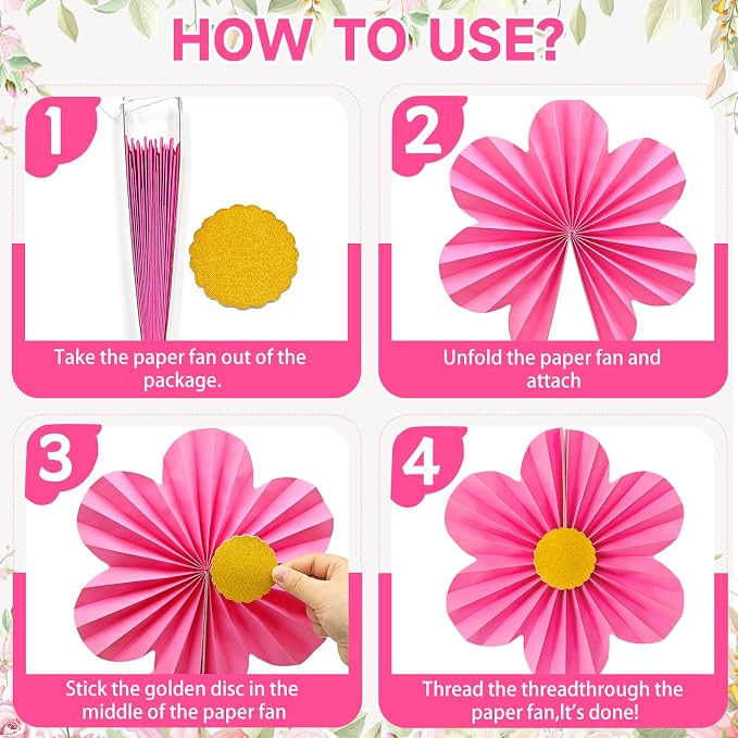 ADLKGG 12 Pcs Pink Purple Party Decorations, Paper Fans Flower Wall | Twelve - Image 7