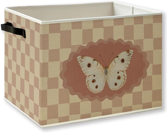 Retro Butterfly Nursery Checkered Foldable Storage Bins Box by KSDUT