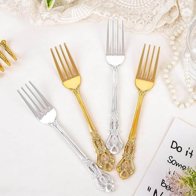 30PCS Silver Plastic Forks - 8.1inch Silver Forks Disposable - Vintage Heavy Duty Dessert Forks - Premium Fancy Plastic Silverware for Parties, Weddings, Dinners and Events