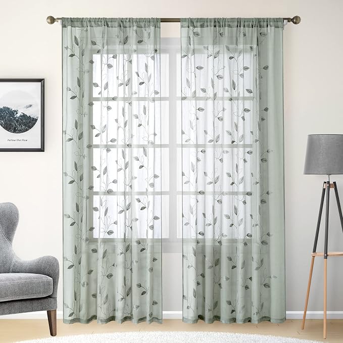 HOMEIDEAS Sage Green Sheer Curtains 52 X 96 Inches Long 2 Panels Embroidered by HOMEIDEAS
