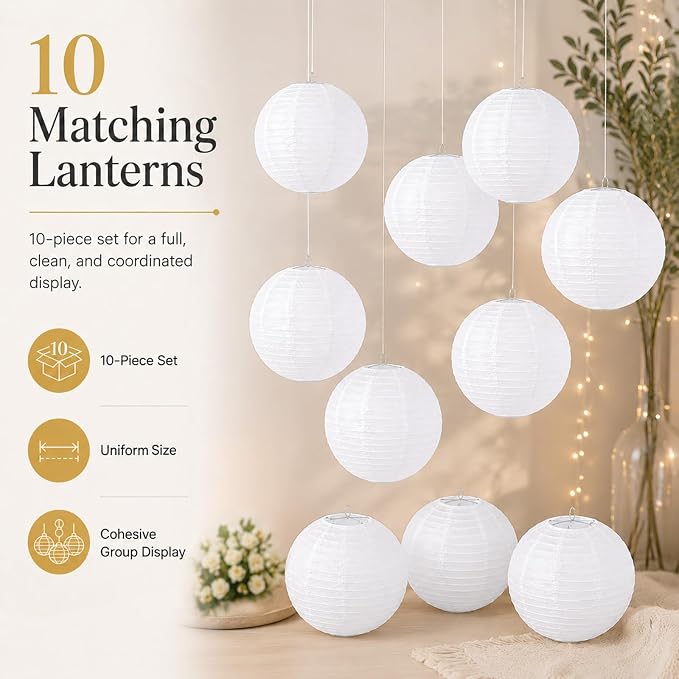 LIHAO 16 Inch White Round Paper Lanterns, Hanging Décor, Wedding & Party - Image 6