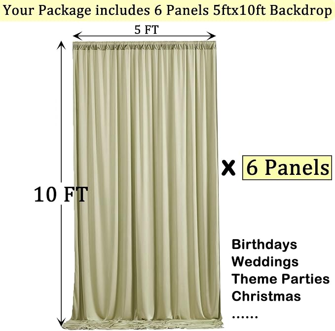 30ft x 10ft Wrinkle Free Sage Green Backdrop Curtains - Image 7