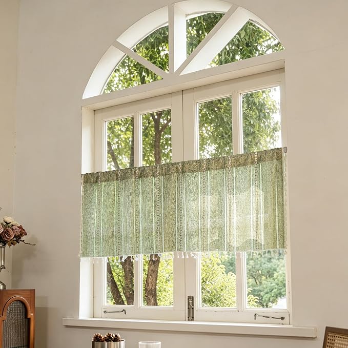 Sutuo Home Green Boho Curtain 52W x 18L inch White Striped Light Filtering - Image 7