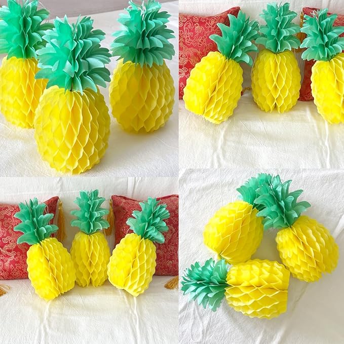 12inch Paper Pineapple Honeycomb Decorations 8pcs Tissue Party Pineapple Centerpieces Hanging Pineapple for Table Decor for Summer Tropical Hawaiian Beach Decor