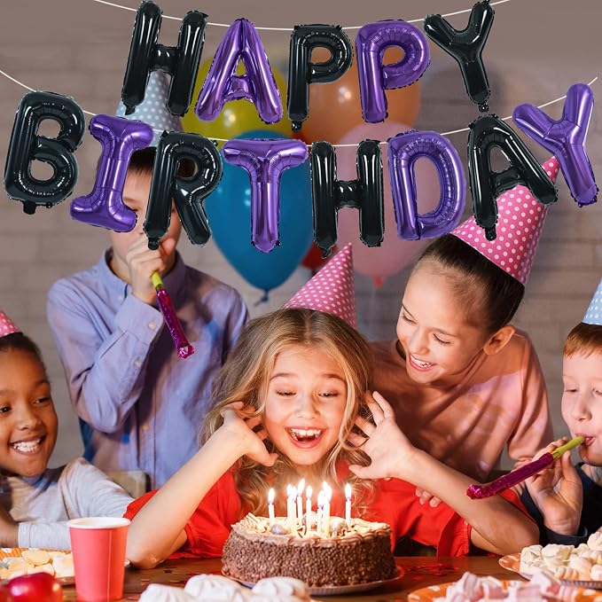 TONIFUL Black and Purple Happy Birthday Balloon Banner Decor - Image 3