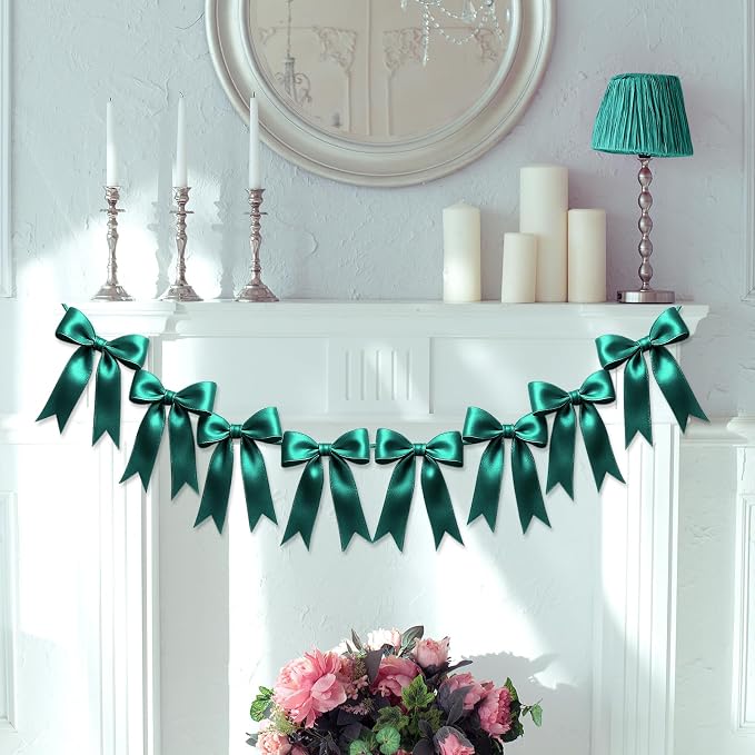 2 Strings of 16PCS Dark Green Bow Garlands Banner Decoration, Pre-Strung Satin - Image 7