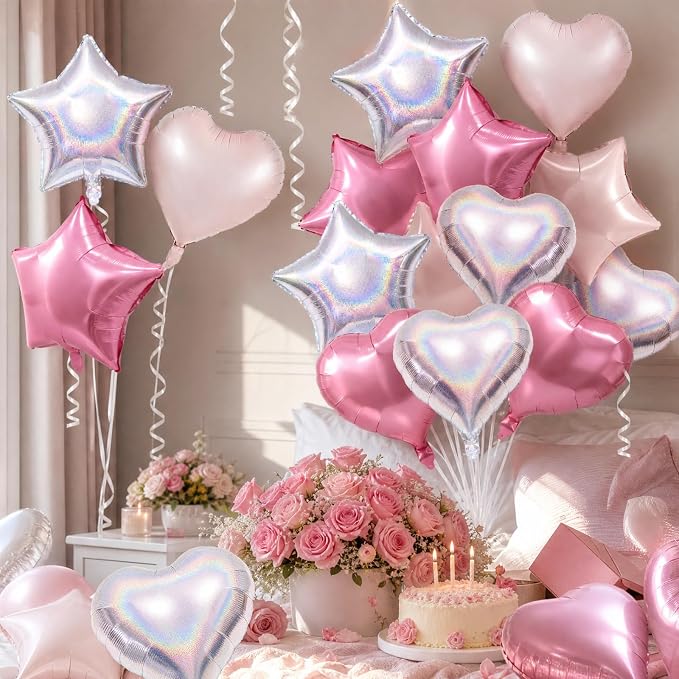 TONIFUL 18 Inch Pink Silver Star and Heart Foil Balloons - Image 6
