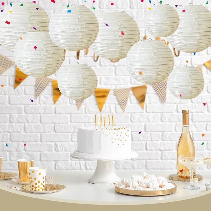 Cream Paper Lanterns 9Pcs Hanging Round Paper Lanterns Lamp - Image 6