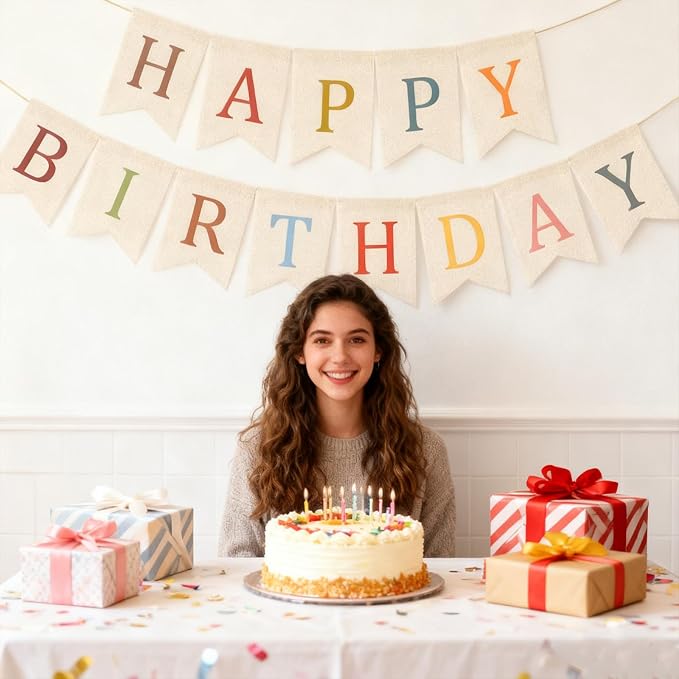 Happy Birthday Burlap Banner Boho Theme Garland White Bunting Bohemian Hanging - Image 2
