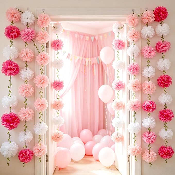 Gradient Pink Tissue Paper Pom Pom Garlands, Paper Flowers - Image 6