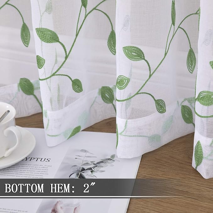 Tollpiz Leaves Sheer Curtain Green Leaf Embroidery Living Room Curtains Rod - Image 4