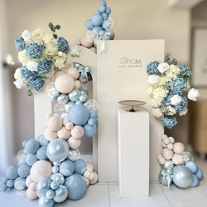 Dusty Blue Balloons, 12 inch Double Stuffed Dusty Pearl Light Blue Sand White - Image 6