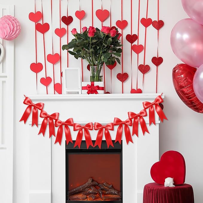 2 Strings of 16PCS Red Bow Garlands Banner Decoration, Pre-Strung Satin Ribbon - Image 5