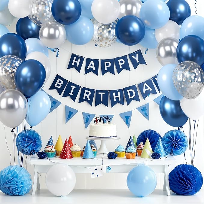 Zesliwy Blue White Silver Balloons Set, Party Decor | Metallic Dark Blue Sliver - Image 3