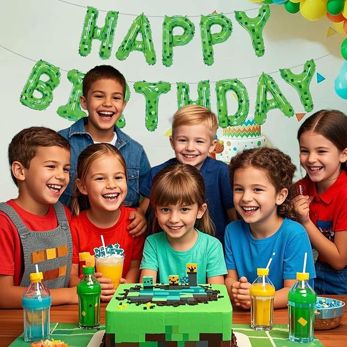 Green Pixel Miner Theme Happy Birthday Balloons Banner 16 Inch Letters - Image 5