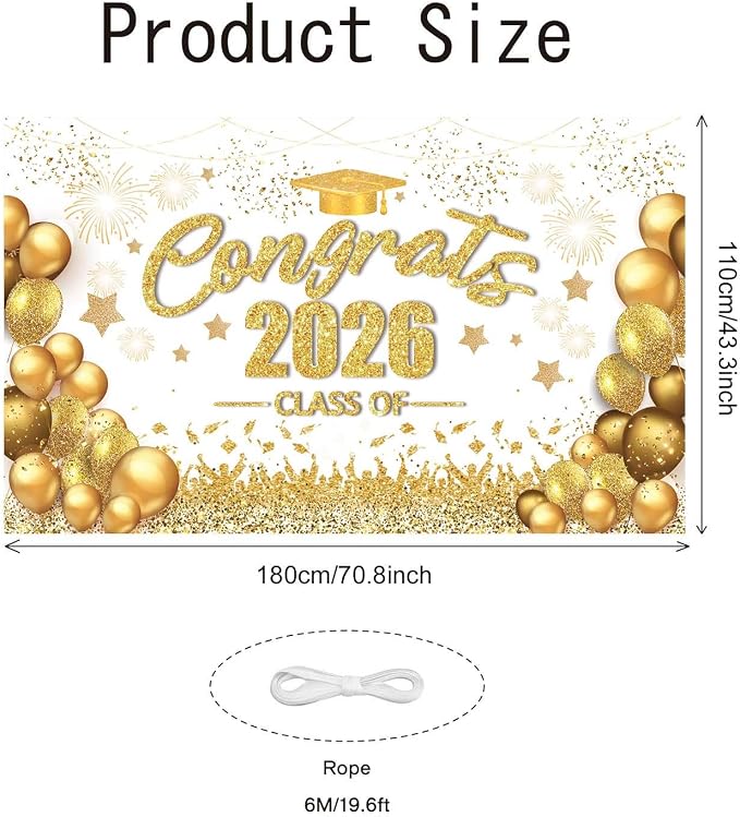 Gold and White Graduation Decorations Congrats Class of 2026 Banner - Image 3