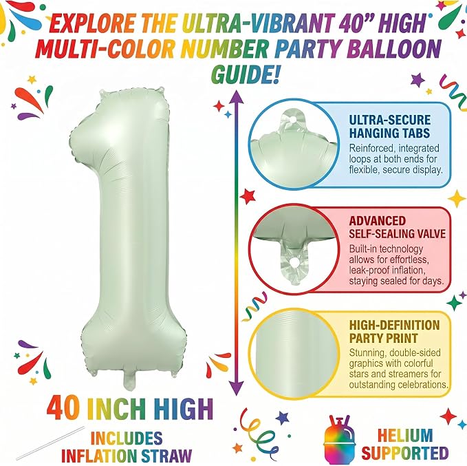 Olive Green 40 Inch Number 1 Foil Balloon Helium Fillable - Image 2