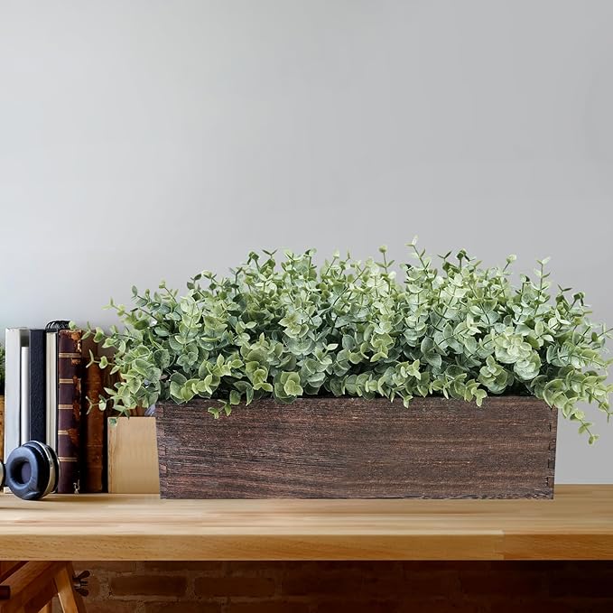 Winlyn 14" Artificial Eucalyptus in Rectangular Wood Planter Box Faux Plants - Image 6