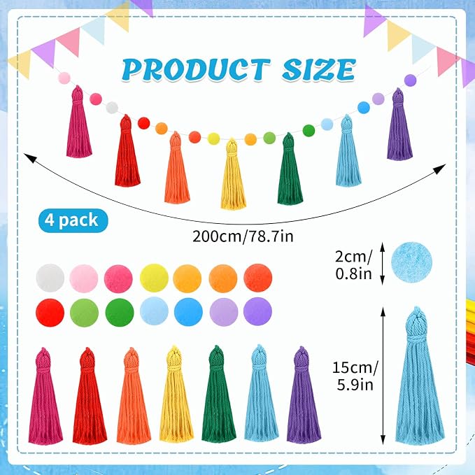 MARFOREVER 4 Pack 26.3 Ft Rainbow Tassel Pom Pom Garland Party Decorations | - Image 2