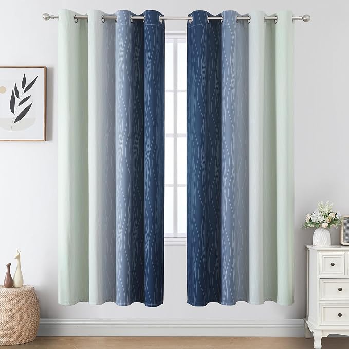Navy Blue and Sage Green Ombre Blackout Curtains 72 Inch Length 2 Panels - Image 2