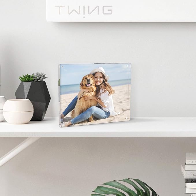 TWING Picture Frame, 8x10 Acrylic Photo Frames Horizontal Magnet Double Sided Photo Frame with Microfiber Cloth,12 + 12MM Thickness Clear Picture Frame Desktop Display