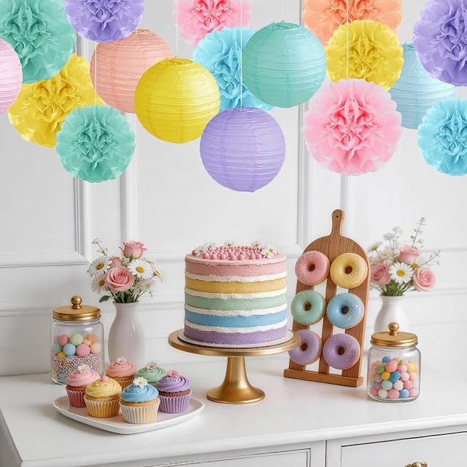 Pastel Paper Lanterns and Pom Poms Flowers Paper Lanterns Party Decorations | - Image 5