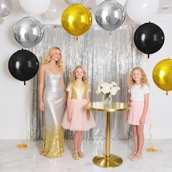 Black Gold Silver Round Foil Balloons 9 pcs, Metallic Giant 4D Round Balloons - Image 4