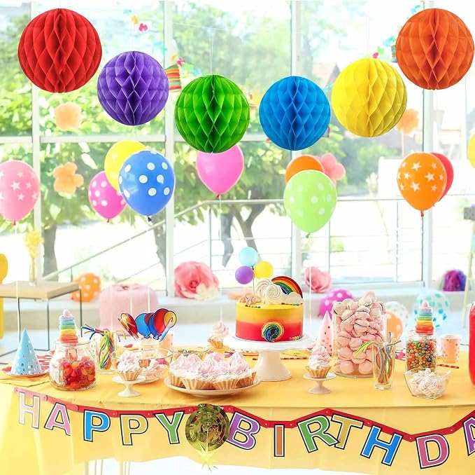 Rainbow Paper Honeycomb Balls, 6 and 10 inch Hanging Tissue Pompoms, 12 Pack - Image 4