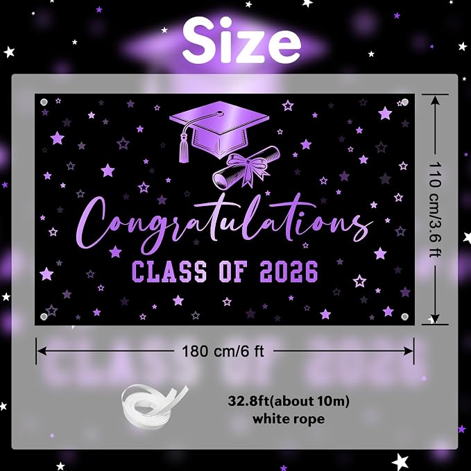 Congratulations Class of 2026 Backdrop Black Purple Graduation Banner Congrats - Image 2
