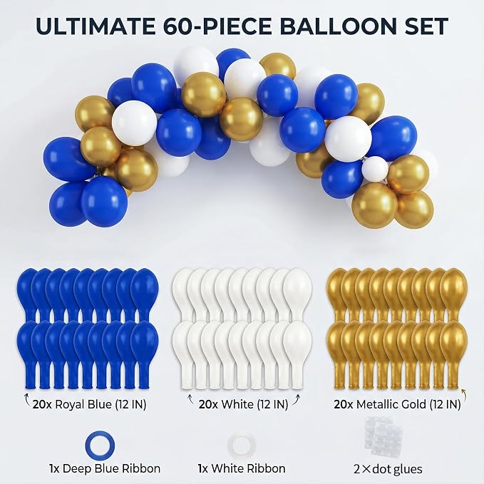 60pcs Royal Blue and Gold Balloons, 12 Inch Dark Blue White & Metallic Gold - Image 2