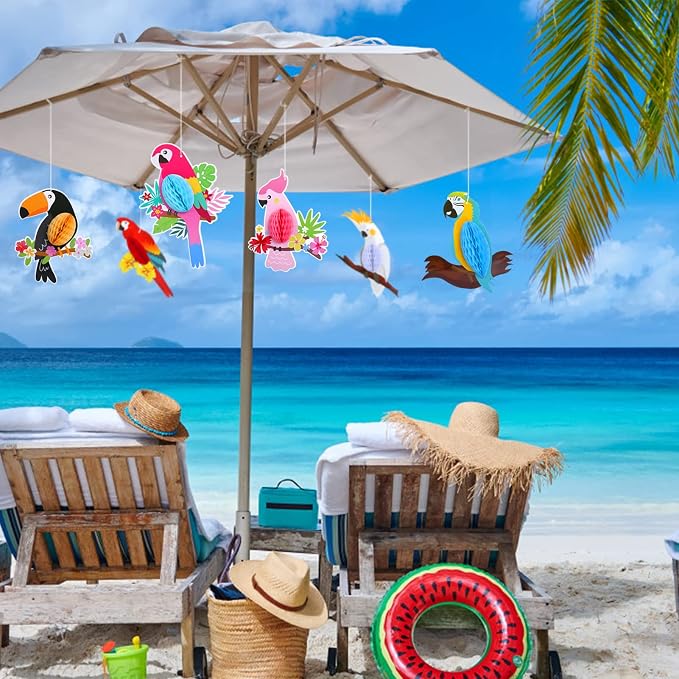 KESOTE Hawaiian Tropical Parrot Bird Honeycomb Hanging Party Decorations | - Image 3