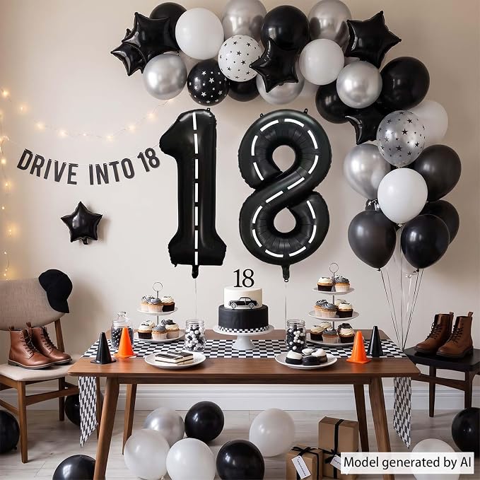 Black and White Stripes Number 18 Balloon 40 Inch, Foil Track Numeral | - Image 7