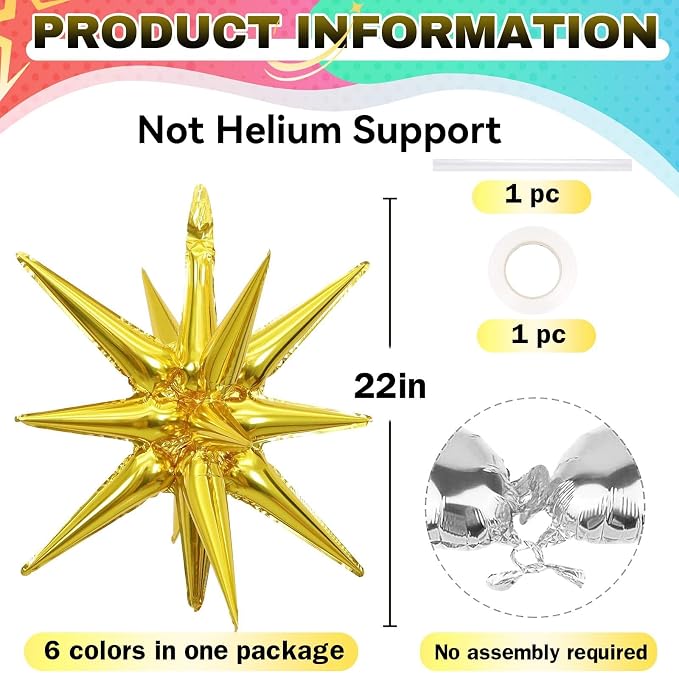 HILAVO 6PCS Star Balloons, 22Inch Large Colorful Star Balloon Foil Balloons - Image 2