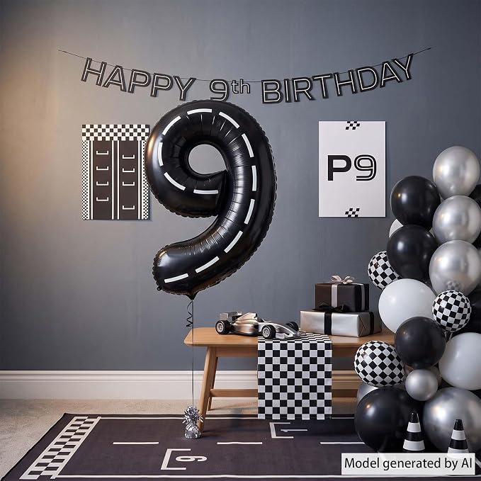 Black and White Stripes Number 9 Balloon 40 Inch, Speedway Theme Numeral | Cool - Image 7
