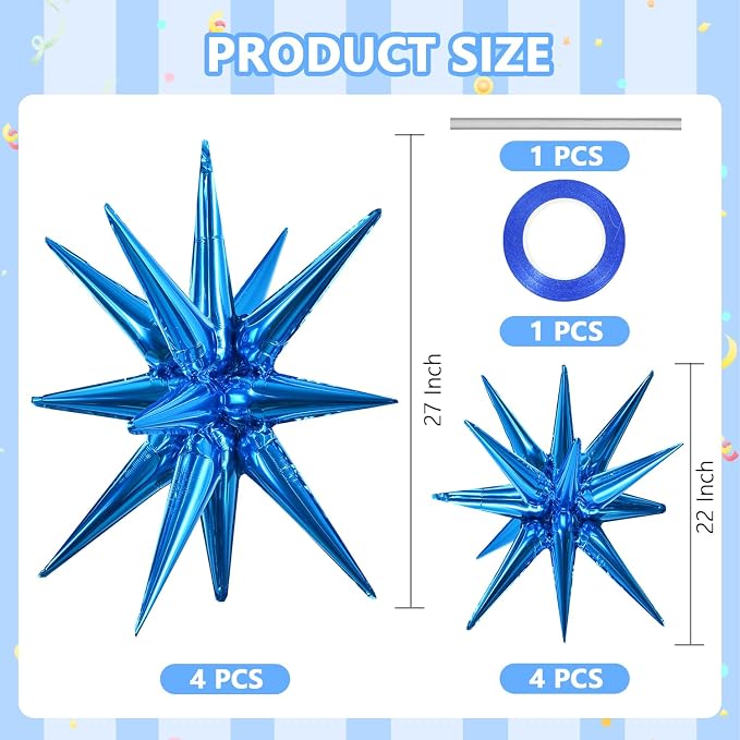 TONIFUL 8 Pcs Explosion Star Balloons Blue Foil Balloon Party Decorations | 2 - Image 2