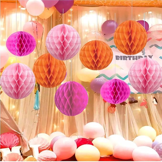 Hot Pink Orange and Pink Paper Honeycomb Balls, 6 and 10 inch Hanging Tissue - Image 3