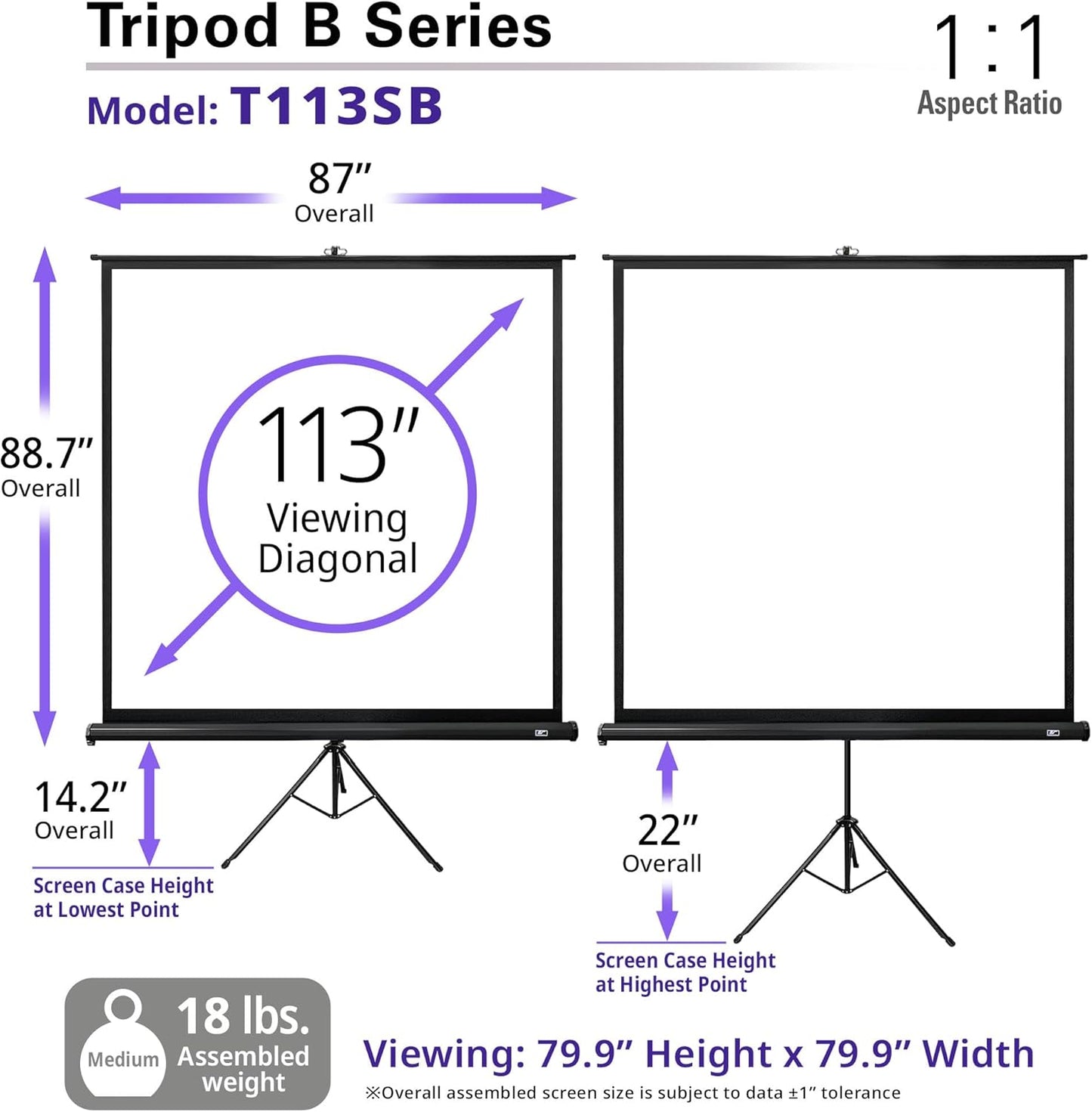 Elite Screens TRIPOD B, 113-INCH, 1:1, Lightweight Pull Up Foldable Stand, Manual, Movie Home Theater Projector Screen, 4K / 8K Ultra HDR 3D Ready, US Based Company 2-YEAR WARRANTY, T113SB, black