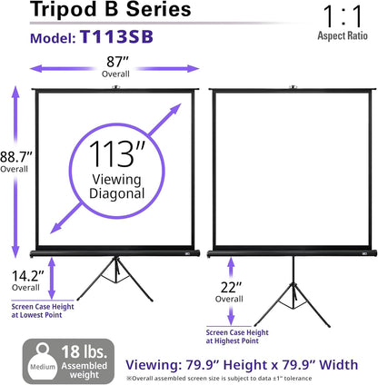 Elite Screens TRIPOD B, 113-INCH, 1:1, Lightweight Pull Up Foldable Stand, Manual, Movie Home Theater Projector Screen, 4K / 8K Ultra HDR 3D Ready, US Based Company 2-YEAR WARRANTY, T113SB, black